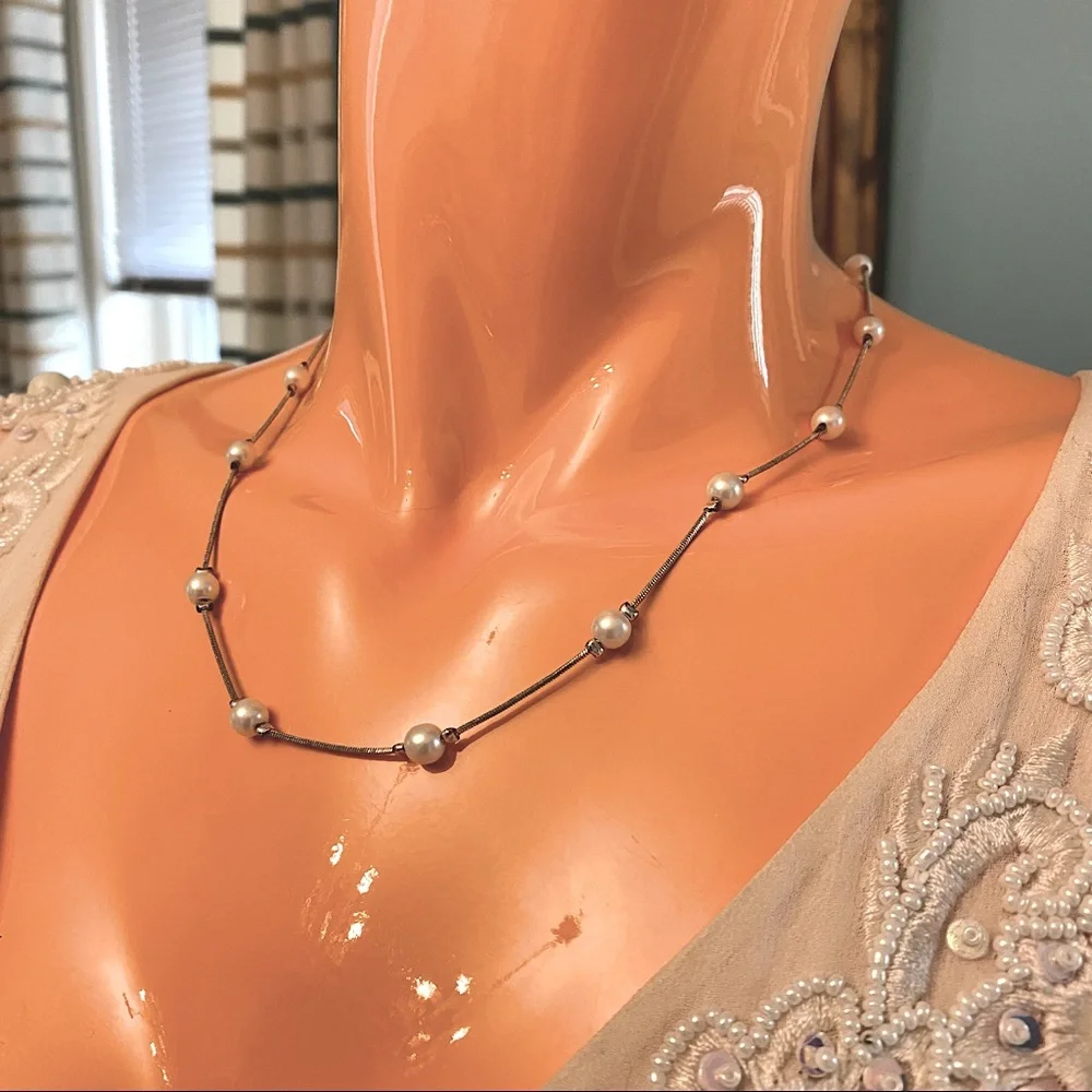 Faux Pearl Station Necklace